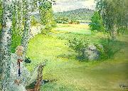 Carl Larsson paradiset-sjalvportratt i landskap painting